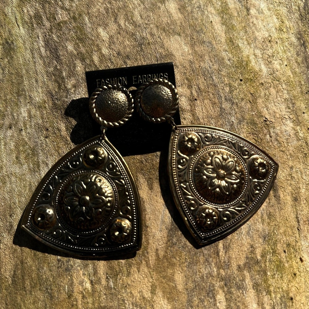 Drop Earrings OS Gold Vintage Floral‎ Statement Shield Boho